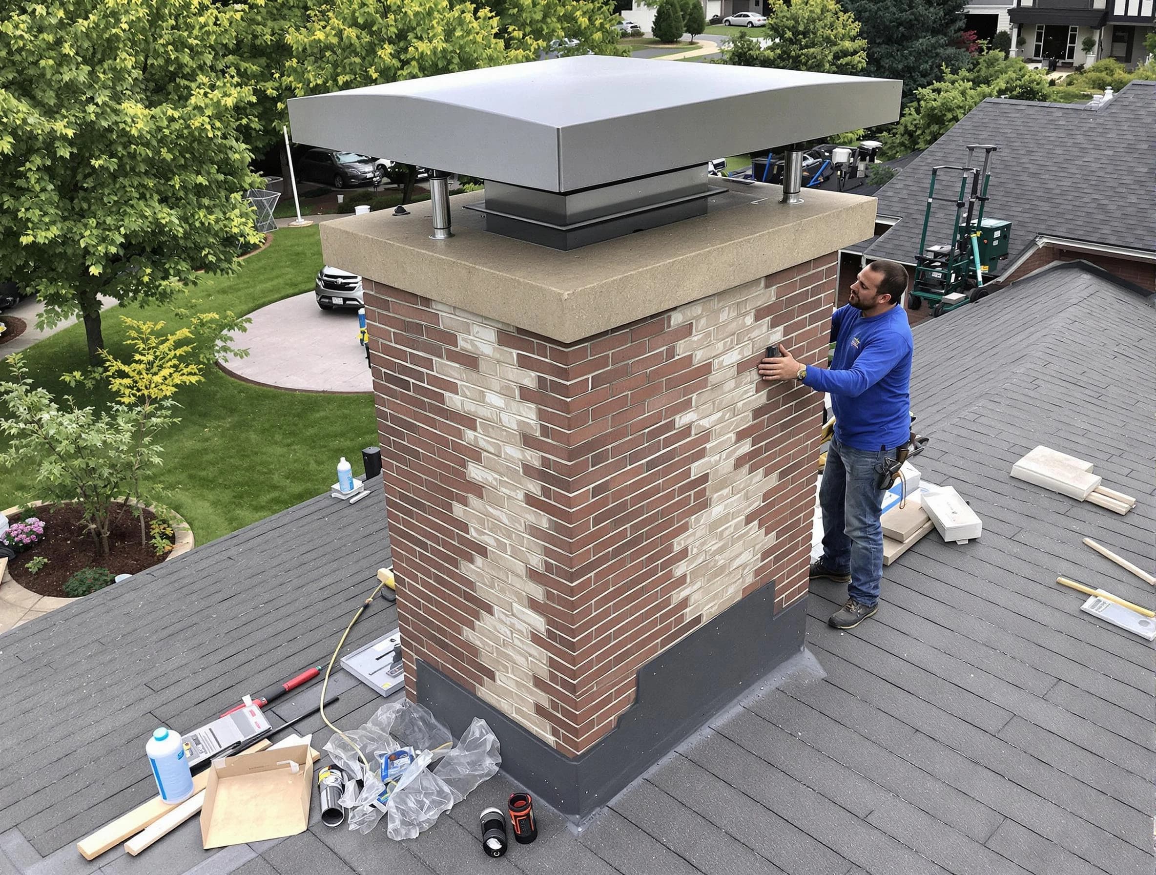 Cottondale Chimney Sweep team working on a custom chimney remodel in Cottondale, AL
